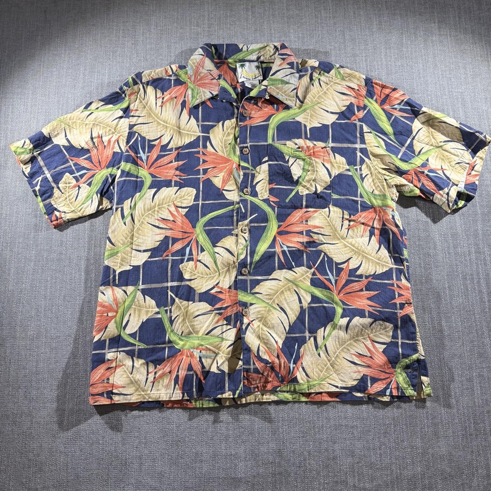 Banana Cabana Shirt Mens 2XL Blue Silk Floral Hawaiian Button Up Tropical‎ Camp